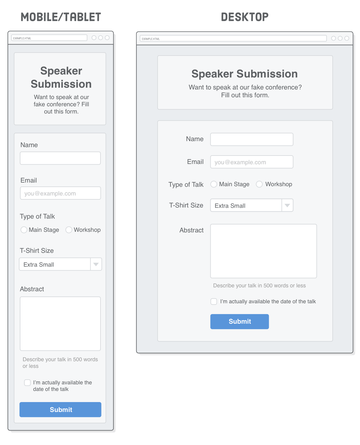 Mobile and desktop web page mockups with several form elements
