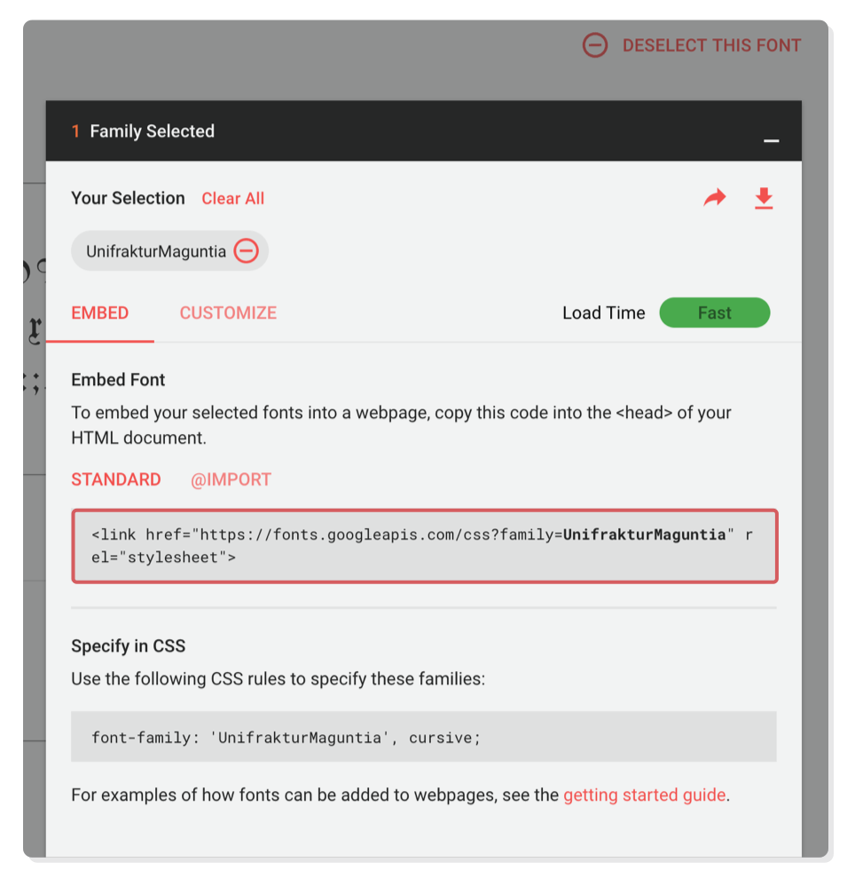 Screenshot: copying web fonts <link> from Google Fonts