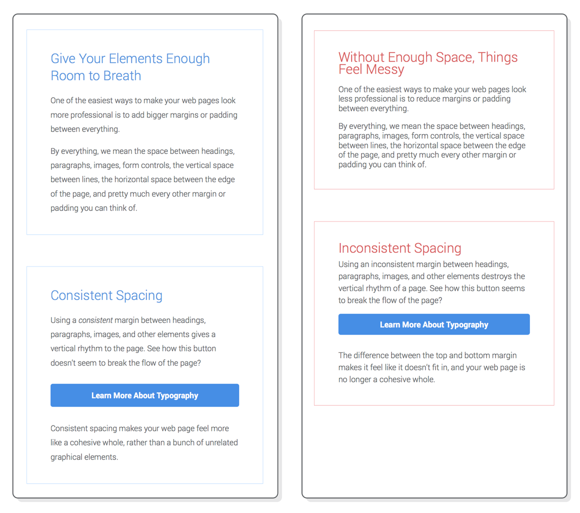 Web page with large, consistent spacing versus web page with cramped, uneven spacing